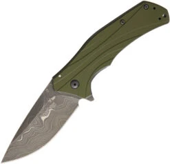 Kershaw Knockout Knife OD Green Aluminum Handle Damascus Plain Edge 1870OLDAM
