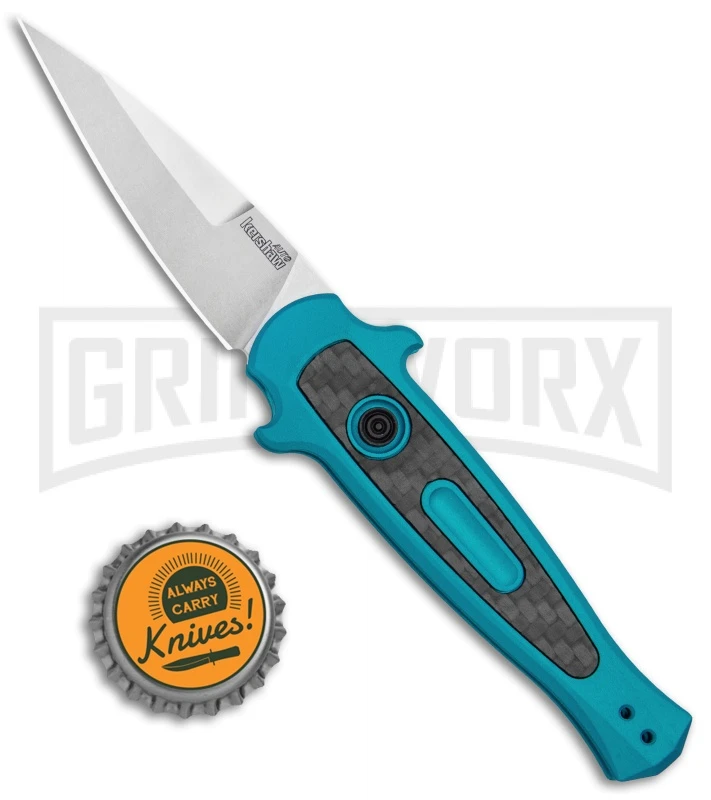 Kershaw Launch 12 Teal Aluminum Mini Stiletto Automatic Knife - Stonewash Plain - Image 4